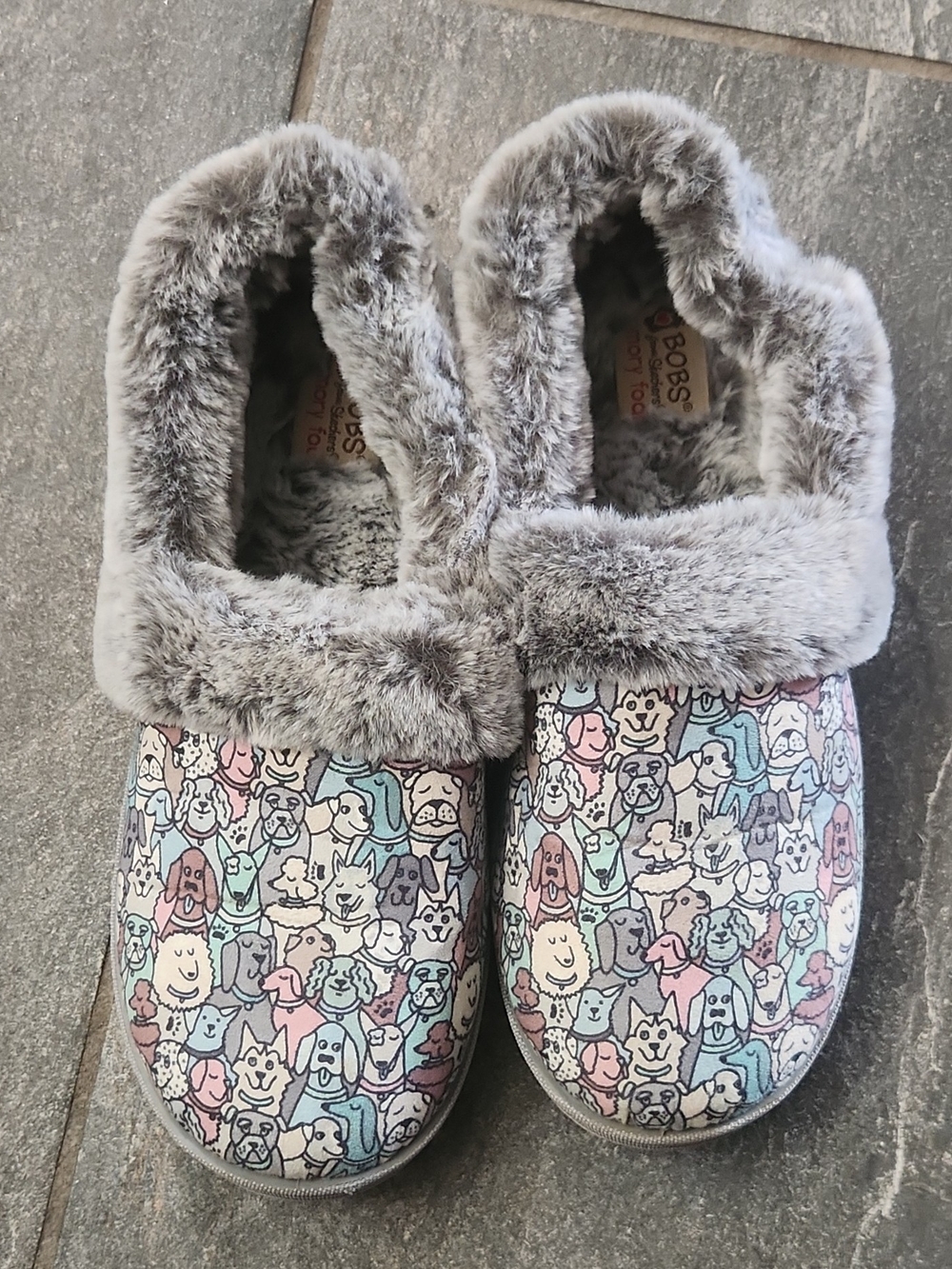 Skechers BOBS Grey Faux-Fur Slip-On Slippers with Pastel Dog Print